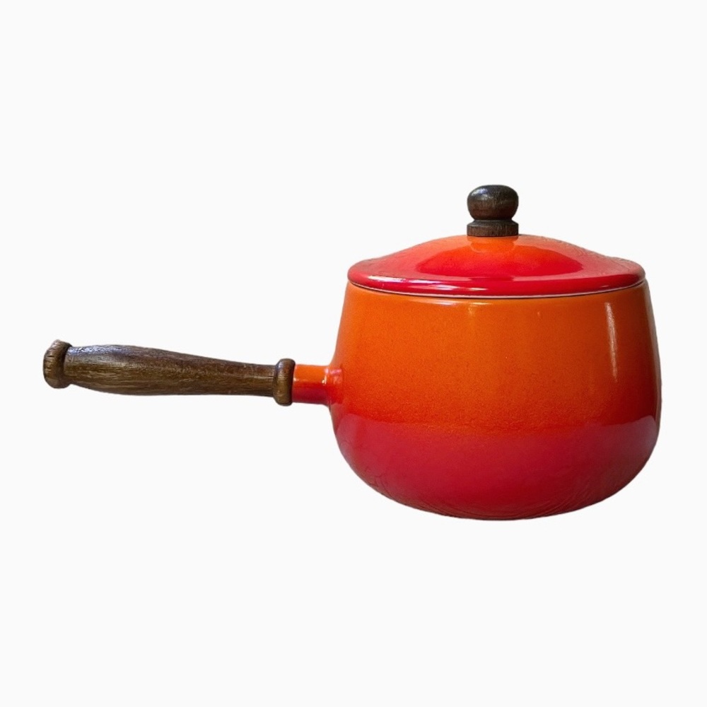 Vintage Mid-Century Modern Red-Orange Enamel Fondue Pot